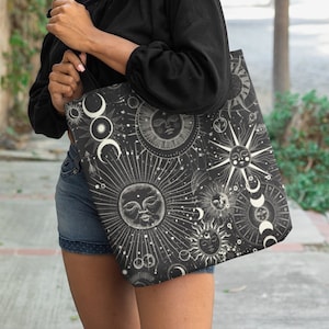 Black Tote Bag | Constellation Tote Bag | Astrology Zodiac Star Sign Shoulder Bag | Celestial Bag | Stars Sun Moon Tote Bag | Horoscope Gift