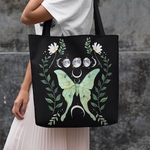 Green Luna Moth Tote Bag | Witchy Luna Moth Shopping Bag | Lunar Moth Tote | Dark Academia Moon Goth Bag | Cottagecore Shoulder Bag