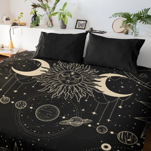 Microfiber Duvet Cover | Witchy Celestial Blanket | Witch Moon & Stars Zodiac Horoscope | Black and Gold Sun Constellation Gothic Bedding