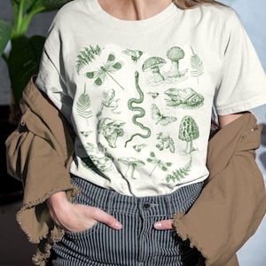 Mushrooms Frogs Insects Illustration T-Shirt | Dark Academia Aesthetic Tee | Vintage Mushroom Frog and Fungi | Goblincore Goth Clothing