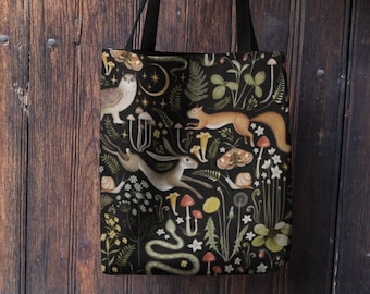 Fairy Forest Black Tote Bag | Witchy Dark Academia Tote | Magical Cottagecore Nature Tote Bag | Creature Critter Flower Plants Mushroom Tote