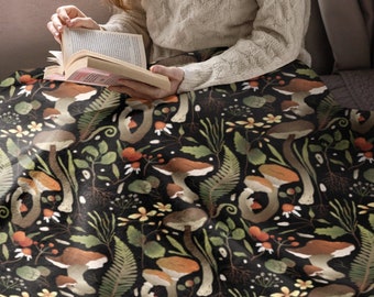Mushroom Sherpa Fleece Blanket | Cottagecore Nature Throw