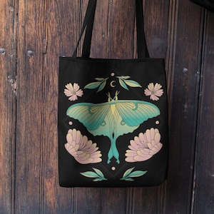 Black Tote Bag | Witchy Luna Moth Bag | Pastek Pink Lunar Moth Tote | Butterfly Flowers Moon Goth Bag | Magical Cottagecore Handbag