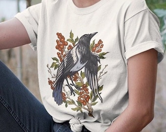 Magpie & Berry Unisex T-Shirt | Cottagecore Botanical Illustration