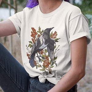 Magpie & Berry Unisex T-Shirt | Cottagecore Botanical Illustration