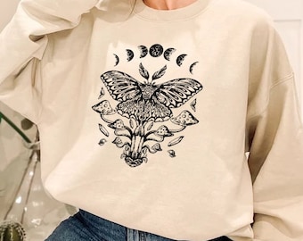 Luna Moth Sweatshirt | Witchy Moon Phases, Mushroom Graphic