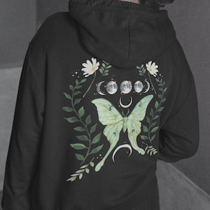 Green Luna Moth Hoodie | Witchy Luna Moth Sweatshirt | Lunar Moth Pullover | Dark Academia Moon Goth Top | Magical Cottagecore Clothing