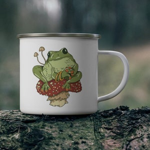 Enamel Metal Mug | Cute Nature Cottagecore Aesthetic Cup | Frog Mushroom Coffee Mug Gift | Camping Mug | Magical Fairy Frog Toad Tea Cup