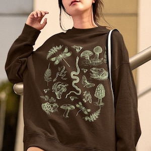 Mushrooms Frogs Insects Illustration Sweatshirt | Dark Academia Aesthetic Hoodie | Vintage Mushroom Frog and Fungi | Goblincore Sweatshirt