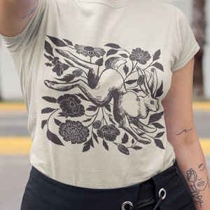 Rabbit & Flowers Illustration T-Shirt | Cottagecore Rabbit Shirt | Beige Forestcore Fall T-Shirt | Unisex Goblincore Top | Nature Lover Tee