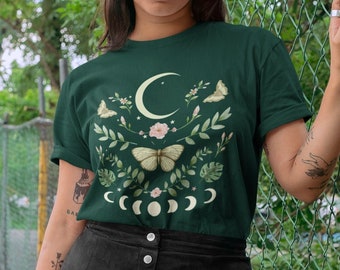 Floral Moon Phase Moth T-Shirt | Botanical Cottagecore Top