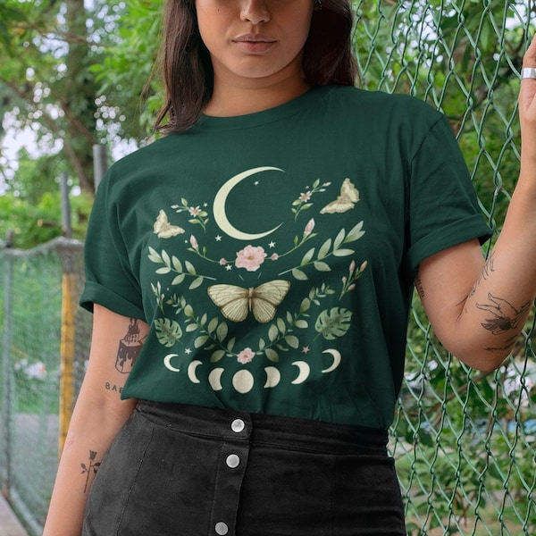 Flowers & Moths Lunar Tee | Unisex Floral Moon T-Shirt | Luna Cycle Botanical Shirt | Monstera Leaf T-Shirt | Green Moth Cottagecore Top