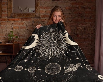 Sherpa Soft Fleece Blanket | Witchy Sun Celestial Quilt | Black and Gold Constellation Boho Bedding | Witch Moon & Stars Zodiac Horoscope