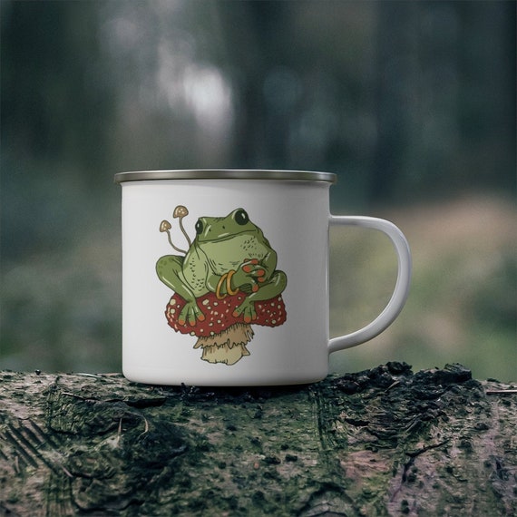 Enamel Metal Mug Cute Nature Cottagecore Aesthetic Cup Frog Mushroom Coffee  Mug Gift Camping Mug Magical Fairy Frog Toad Tea Cup 