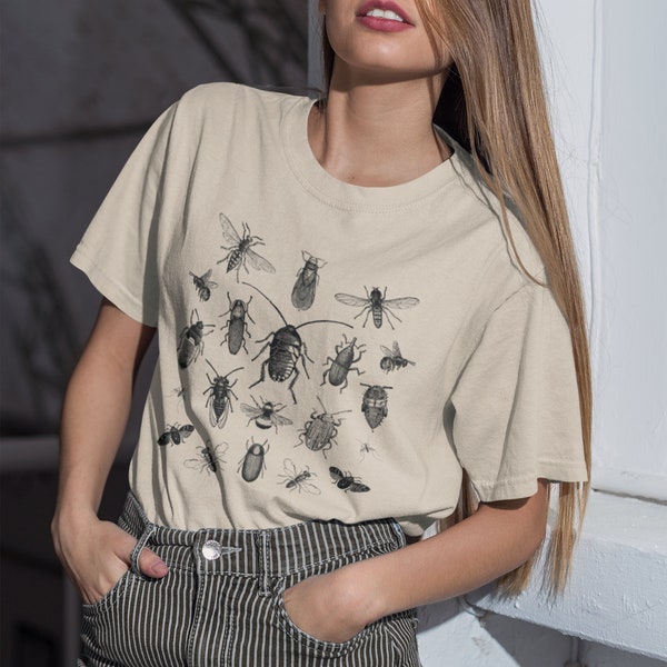 Vintage Illustration Bugs | Golbincore Green Bug T-Shirt | Brown Insect Tee | Beige Bugs T-Shirt | Entomology Shirt Gift