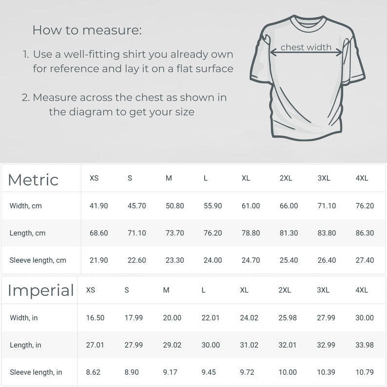 May include: Diagram illustrating how to measure a shirt for size, with chest width indicated. Includes a table with shirt measurements in inches and centimeters for XS to 4XL sizes. The text reads, "How to measure:" and "Metric" and "Imperial".