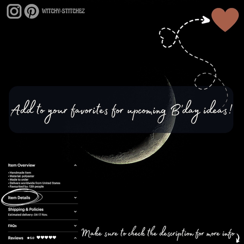 Puede incluir: Un gr&aacute;fico de luna creciente con el texto "&iexcl;A&ntilde;ade a tus favoritos para las pr&oacute;ximas ideas de cumplea&ntilde;os!" El gr&aacute;fico est&aacute; sobre un fondo negro con un coraz&oacute;n rosa en la esquina superior derecha.