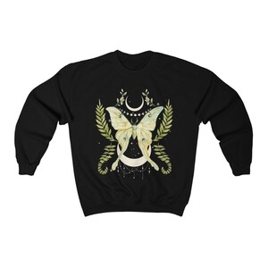Botanical Luna Moth Sweatshirt | Cottagecore Moon Goth Top Black