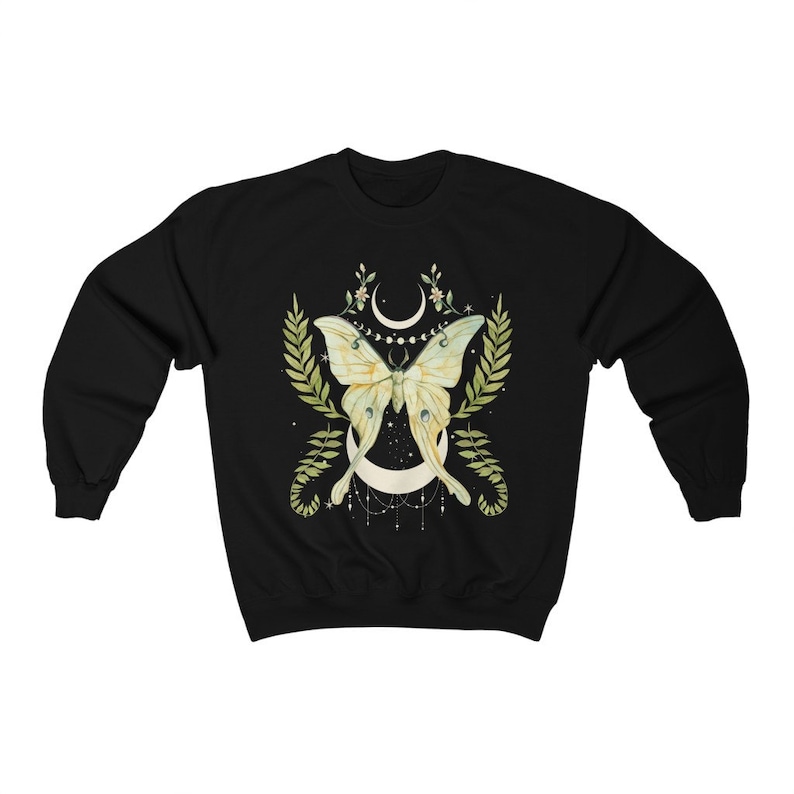 Botanical Luna Moth Sweatshirt | Cottagecore Moon Goth Top Black