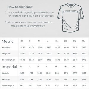 May include: A chart showing shirt size measurements in both inches and centimeters. The chart includes measurements for width, length, and sleeve length. The chart is labeled "Metric" and "Imperial".