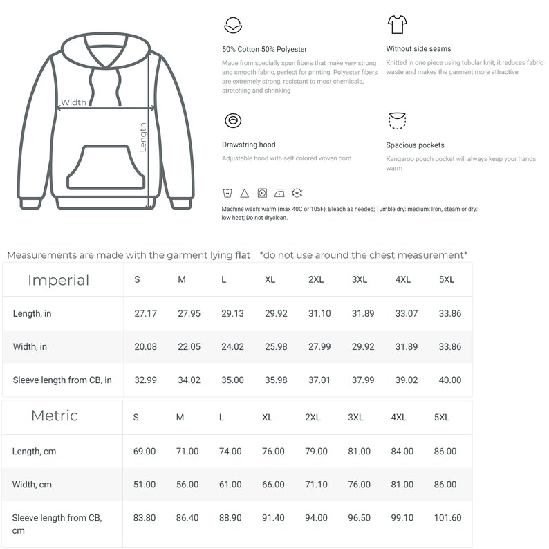 Puede incluir: Una tabla de tallas para una sudadera con capucha con medidas en pulgadas y cent&iacute;metros. La tabla muestra la longitud, el ancho y la longitud de la manga desde la parte posterior central para las tallas S a 5XL. La sudadera est&aacute; hecha de 50% algod&oacute;n y 50% poli&eacute;ster.