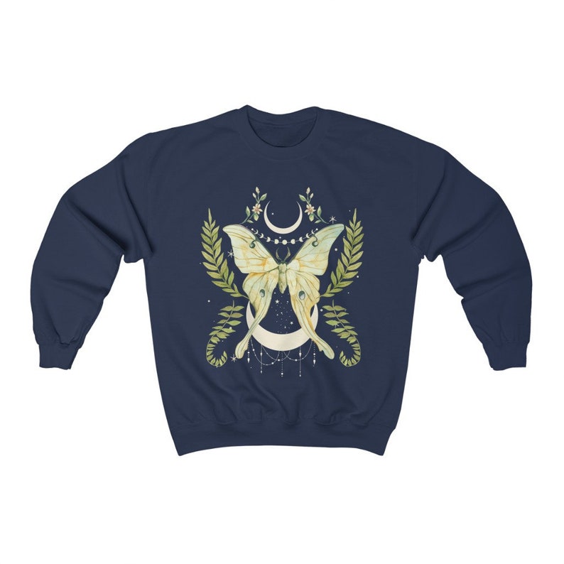 Botanical Luna Moth Sweatshirt | Cottagecore Moon Goth Top Navy