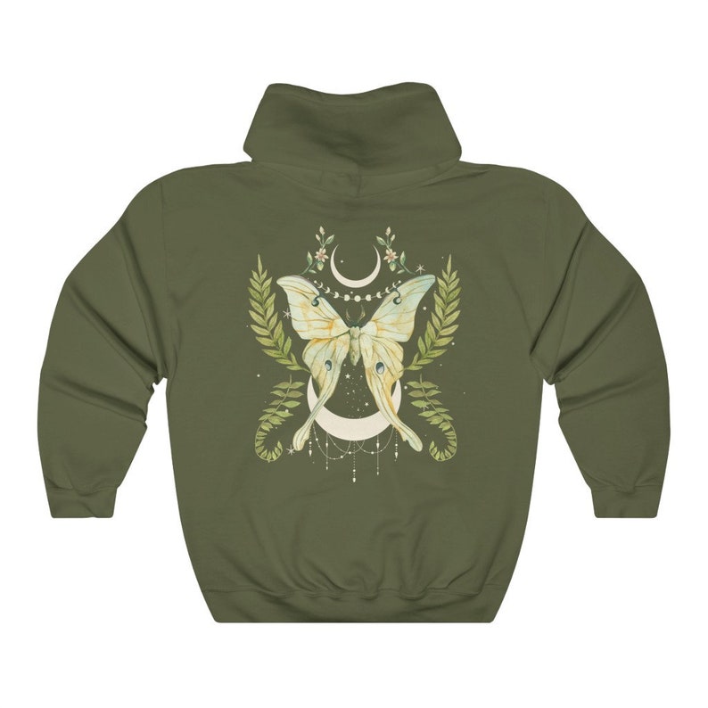Sudadera con capucha de polilla lunar botánica / Estilo gótico lunar, estilo academia oscura Military Green