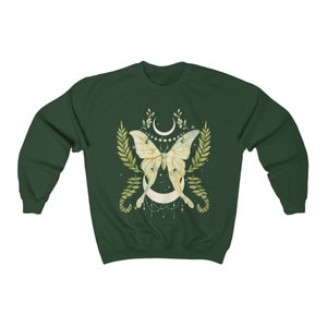 Botanical Luna Moth Sweatshirt | Cottagecore Moon Goth Top Forest Green