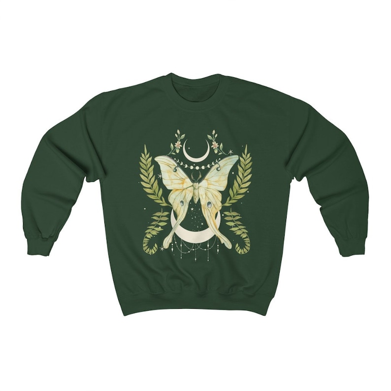 Botanical Luna Moth Sweatshirt | Cottagecore Moon Goth Top Forest Green