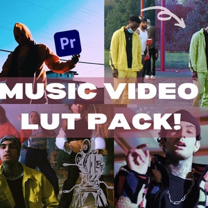 May include: A collage of images featuring people in various settings, with the text "MUSIC VIDEO LUT PACK!" superimposed on the images. The images include a person holding a "Pr" logo, a group of people in a park, and a person singing into a microphone.