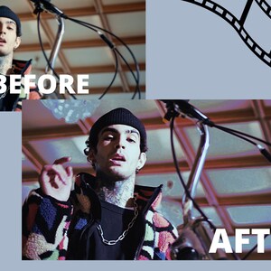 May include: A man wearing a black beanie and a colorful patterned jacket is standing in front of a bicycle handlebar. The image is split into two sections, with the text "BEFORE" above the man and "AFTER" below him. The image has a vintage film effect.