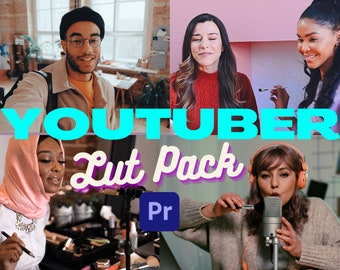 May include: A collage of four images featuring different YouTubers. The images are arranged in a grid pattern. The top left image shows a man wearing a beige jacket and a black beanie. The top right image shows a woman wearing a red sweater. The bottom left image shows a woman wearing a pink headscarf. The bottom right image shows a woman wearing a gray sweater and orange headphones. The text "YOUTUBER Lut Pack Pr" is superimposed over the images.