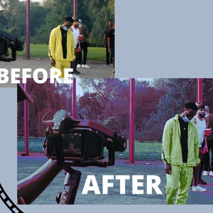 May include: Before and after image showing a person wearing a yellow jacket and a face mask standing in a park. The image on the left is the before image and the image on the right is the after image. The after image has a purple and blue filter applied to it.