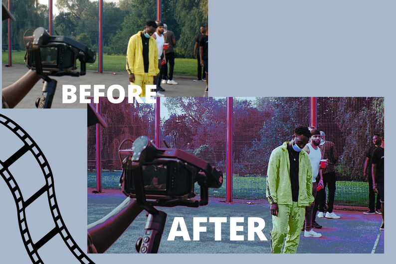 May include: Before and after image showing a person wearing a yellow jacket and a face mask standing in a park. The image on the left is the before image and the image on the right is the after image. The after image has a purple and blue filter applied to it.
