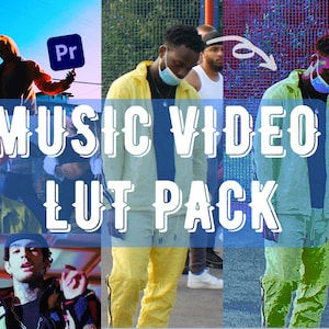 May include: A collage of images featuring people wearing colorful clothing and a text overlay that reads "MUSIC VIDEO LUT PACK". The text is in a bold, white font with a blue background.