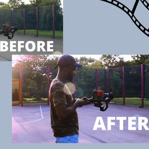 May include: A person holding a camera on a stabilizer in a basketball court. The image is labeled "BEFORE" and "AFTER" to show the difference in the image before and after editing.