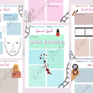 Op de afbeelding: Een printbare MUA-bundel met een filmthema. De bundel bevat een rekwisietenblad, een scriptbreakdown, een productlijst en pagina's met speciale effecten. De pagina's zijn versierd met filmstrips en make-upgerelateerde illustraties.