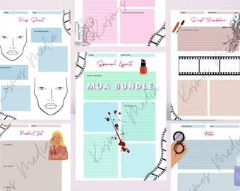 May include: A printable MUA bundle with a film theme. The bundle includes a prop sheet, script breakdown, product list, and special effects pages. The pages are decorated with film strips and makeup-related illustrations.
