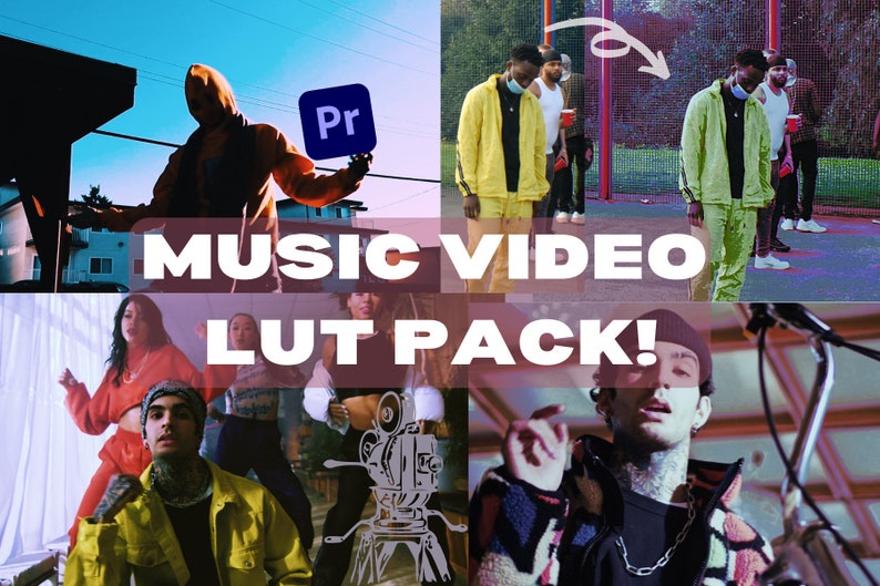 May include: A collage of images featuring people in various settings, with the text "MUSIC VIDEO LUT PACK!" superimposed on the images. The images include a person holding a "Pr" logo, a group of people in a park, and a person singing into a microphone.