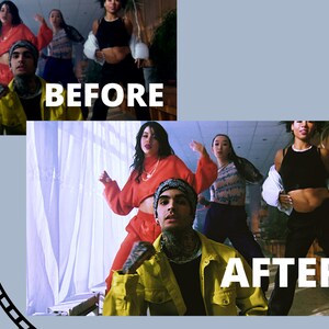 May include: A group of people dancing in a room with large windows. The people are wearing casual clothing, including a red crop top and pants, a black tank top and pants, and a yellow jacket. The text "BEFORE" and "AFTER" is visible in the image.