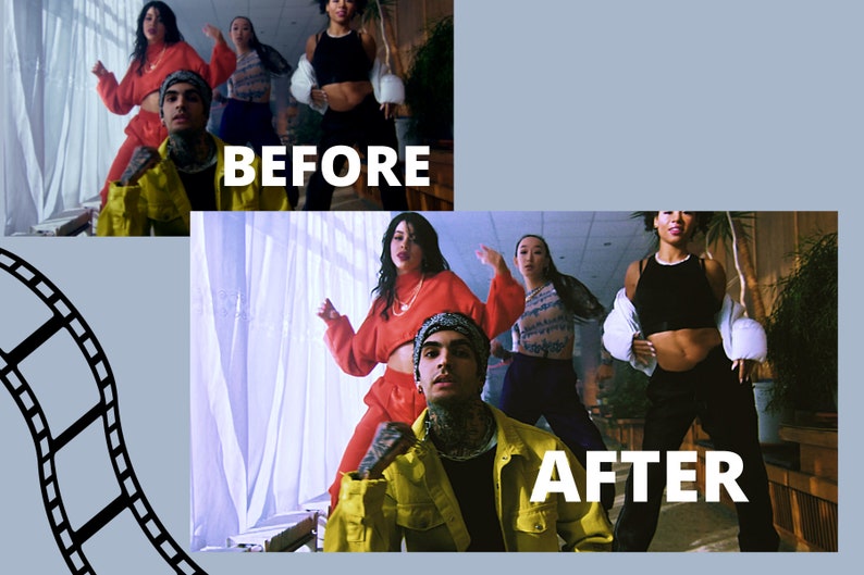 May include: A group of people dancing in a room with large windows. The people are wearing casual clothing, including a red crop top and pants, a black tank top and pants, and a yellow jacket. The text "BEFORE" and "AFTER" is visible in the image.