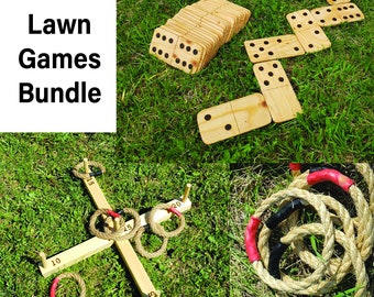 outdoor lawn games bundle for wedding or family reunion, Ring Toss with pegs, Giant Dominoes, extra rings for ring a bottle game