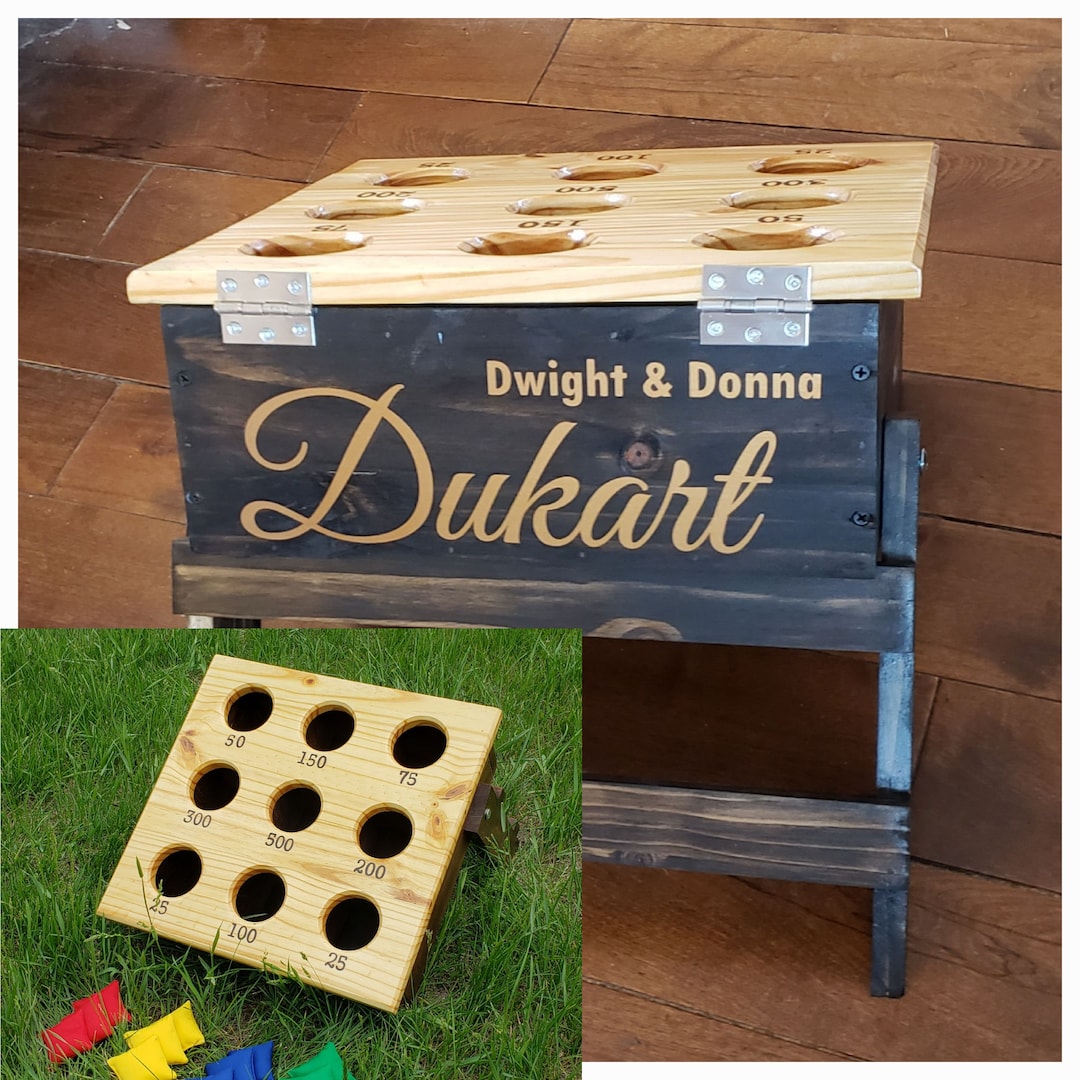 Personalized Vinyl Bean Bag Toss Lawn Game, Mini Corn Hole Game, Wooden