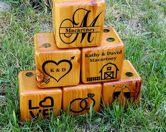 Personalized Lawn Dice for Wedding Gift, 6 different dice, Giant Wooden Dice, Yard Game, Wedding Lawn Game, Yardzee and Yarkle game play!