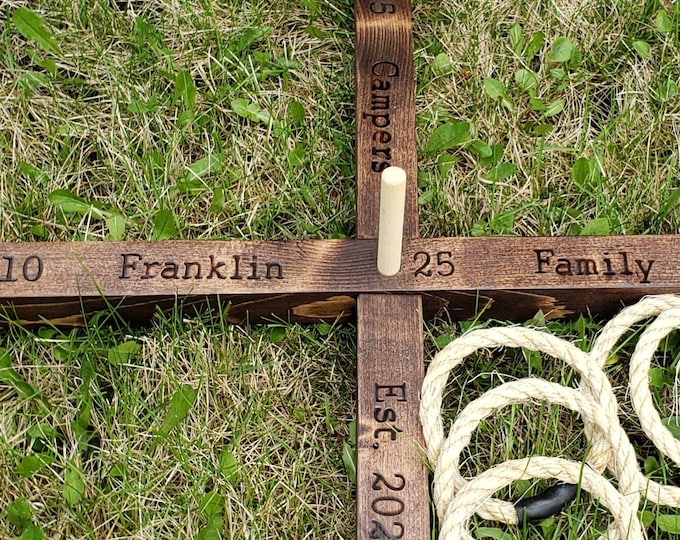 Personalized Ring Toss lawn game, Personalized Gift, Ring on pegs, wood burn, rope rings, collapsible, backyard game, wedding gift