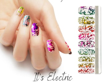 May include: Nail polish wraps with a marbled design in various colors, including green, gold, purple, and red. The text "Style of SaWanna" and "It's Electric" are visible in the image.