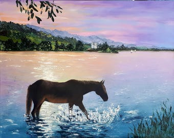 Horse in Sunset Oil Painting | Original Impasto Art | Horse Wall Art | Landscape Canvas | 16x20” (40x50 cm) by LaMot