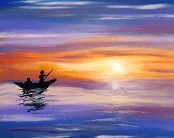 Sunset at the Lake Painting • Original Oil Artwork • 8 x 8" (20 x 20 cm) • Textured Landscape Art with Fishermen Boat • Wall Art by LaMot