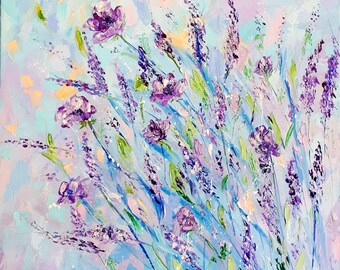 Flower Meadow Painting • Lavender Field Art • Impasto Floral Oil Painting • Textured Wall Art • 20x20" (50x50 cm) • Original by LaMot