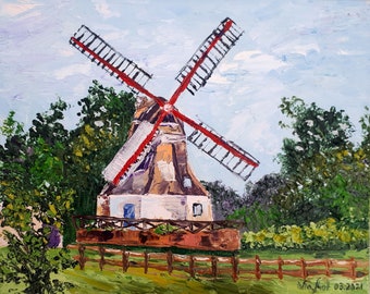 Windmill Windmühle Painting Impasto Canvas Oil Original Art Wall Art 9,6 x 12" by LaMot